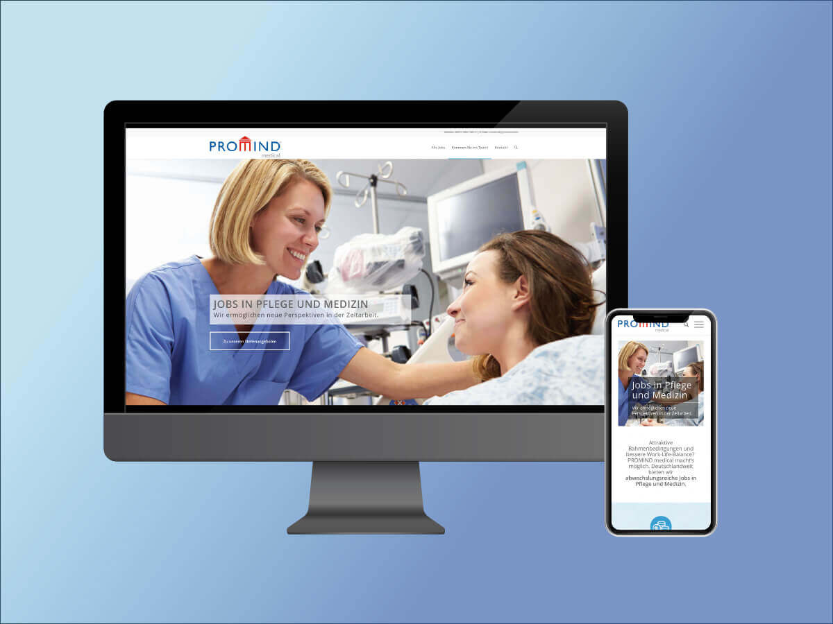 Mit mobil optimierter Webseite zum Spezialisten für Fachpflegeberufe Webseite PROMIND medical auf Bildschirmen